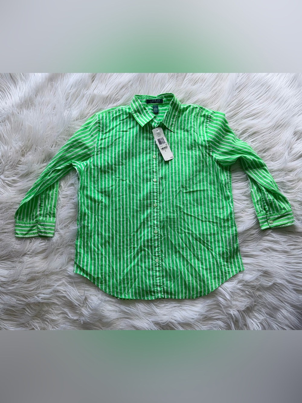 Lauren Ralph Lauren 100% Cotton Green and White Striped Button-Down Shirt